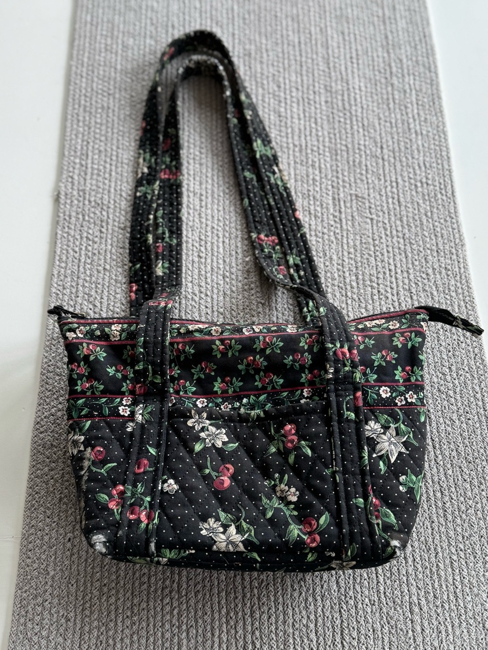 Vintage Handmade Quilted Sewing Bag Black Cherry Print